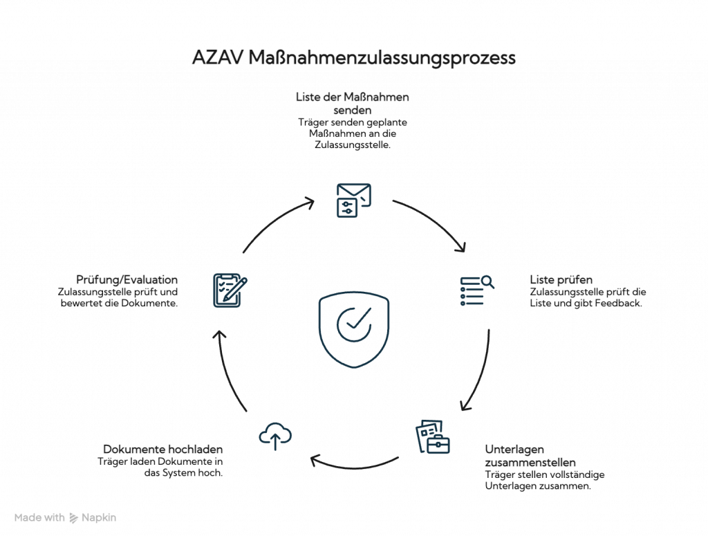 Infografik zum AZAV-Maßnahmenzulassungsprozess mit den Schritten Maßnahmenliste senden, Liste prüfen, Unterlagen zusammenstellen, Dokumente hochladen und Evaluation.