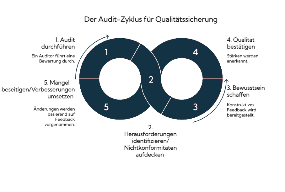 Grafik des Auditzyklus zur Qualitätssicherung mit fünf Schritten: Audit durchführen, Herausforderungen identifizieren, Bewusstsein schaffen, Qualität bestätigen und Verbesserungen umsetzen.